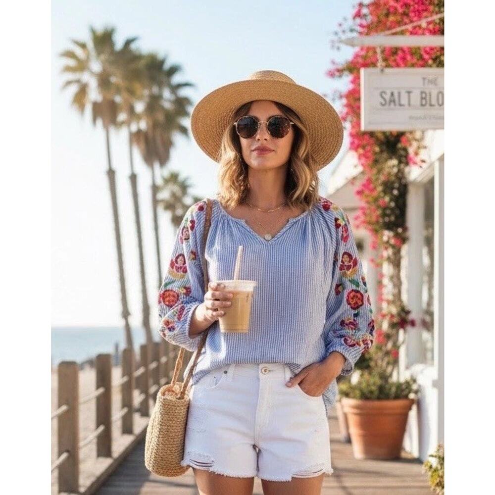 Chelsea & Theodore Floral Embroidered Chambray V-Neck Blouse Medium